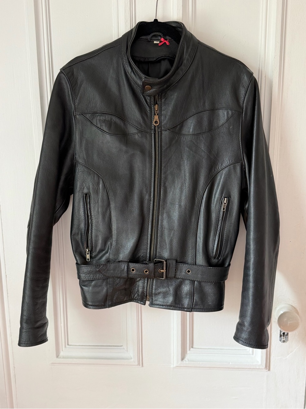 Women’s Black Leather Motorcycle Jacket Zippered Front Buckled Elasticized Waist